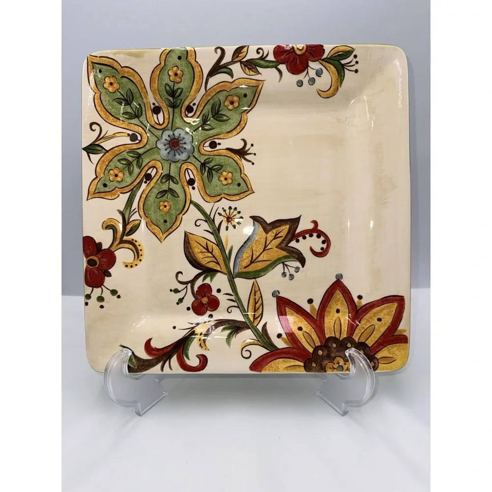 Pier One Carynthum Square Dinner Plates Set Of 4 Floral Design Ceramic 2009